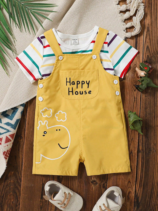 Baby Boy Colorful Striped Dinosaur Print T-Shirt With Strap Shorts Set