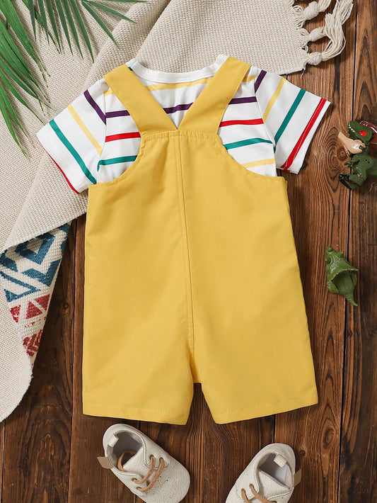 Baby Boy Colorful Striped Dinosaur Print T-Shirt With Strap Shorts Set