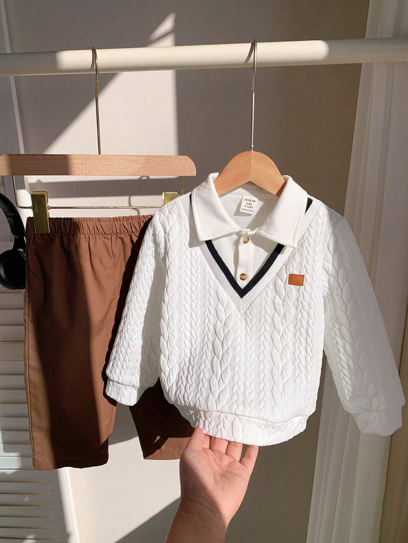 2pcs Baby Boy Cute White Top & Elastic Waist Pants Set