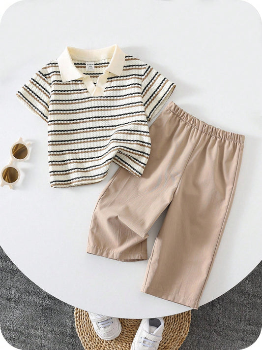 Half Button Front Top And Solid Pants Set