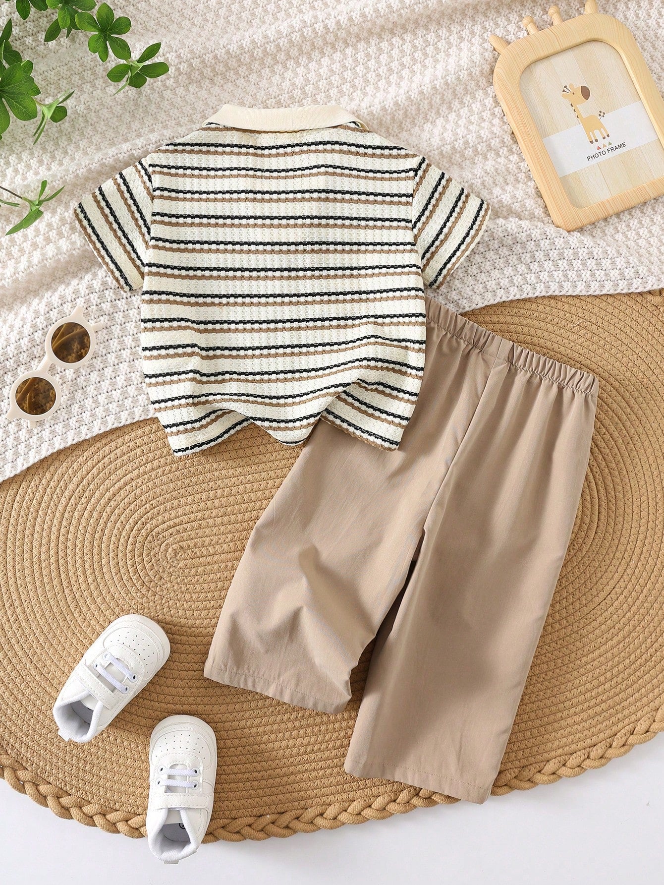 Colorful Striped Lapel Top And Solid Waist Elastic Waist Pants Set