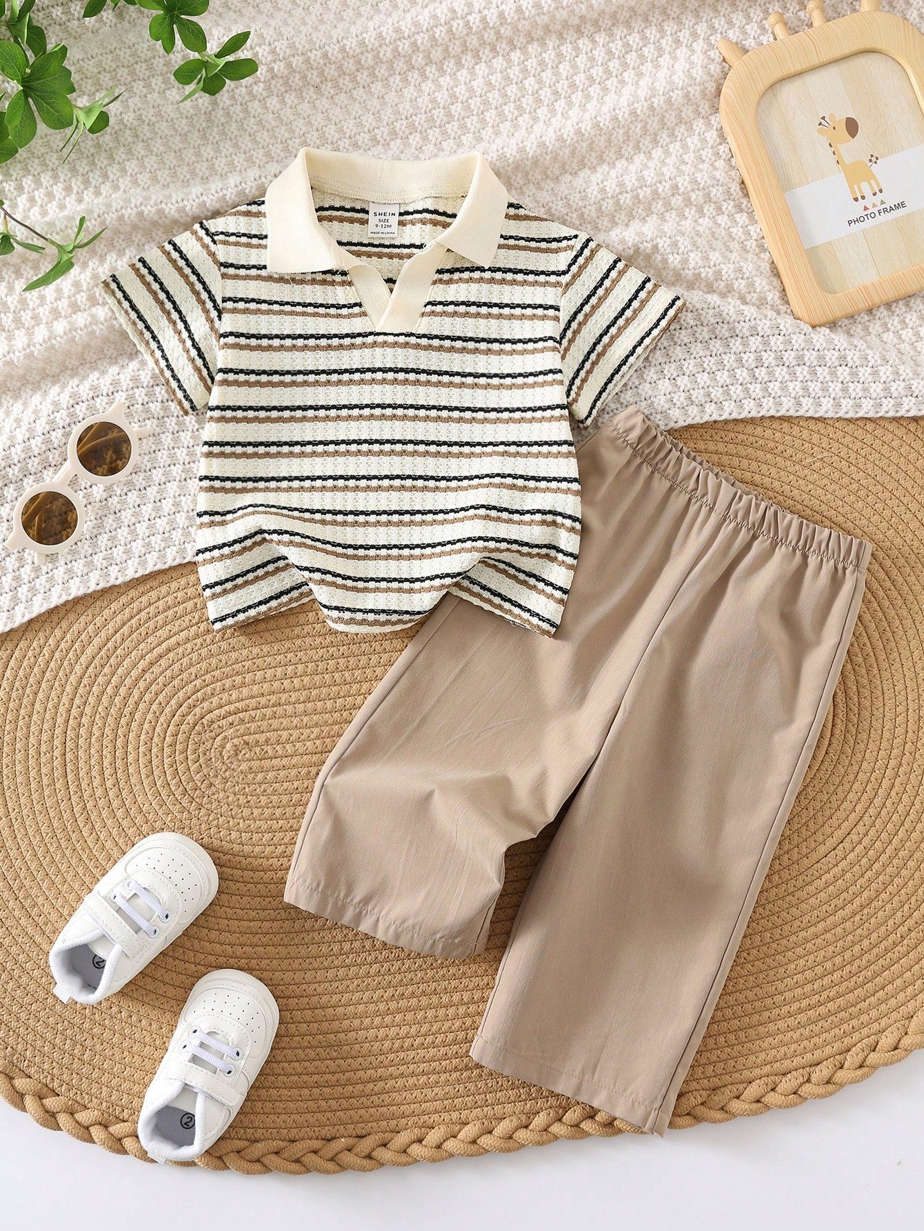 Colorful Striped Lapel Top And Solid Waist Elastic Waist Pants Set