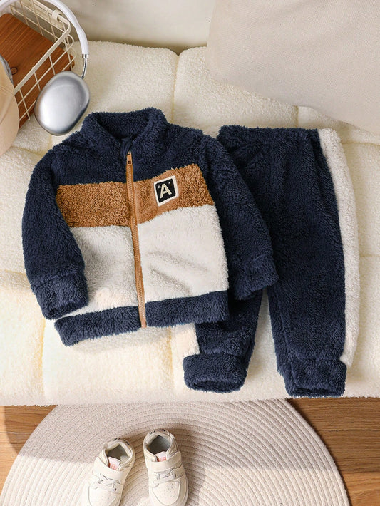 Mummy & Mee SHEIN 2pcs Baby Boy Plush Dinosaur Pattern Contrast Trim Casual Thick Jacket And Pants Set 9-12M