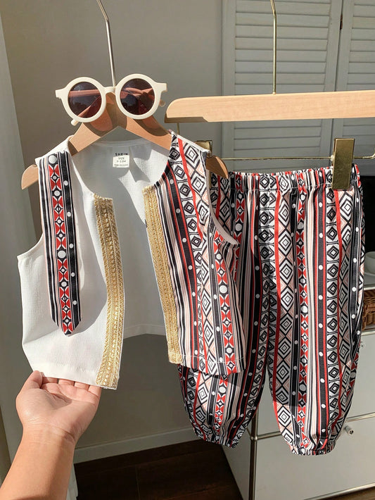 2pcs Baby Boy Retro Pattern Top And Ankle Length Pants Set