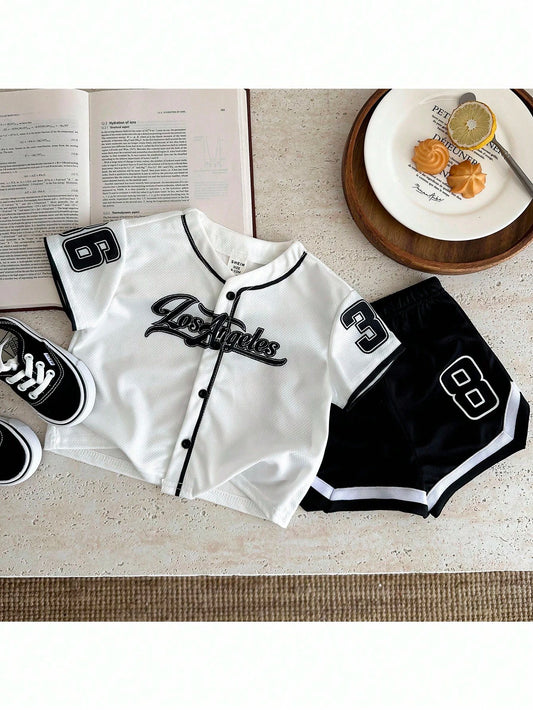 2pcs Baby Boys/Girls Letter Print Short Sleeve Top And Shorts Set