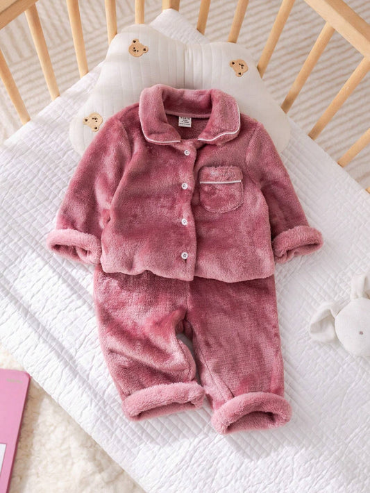 Casual Embroidered Collar Pocket Long Sleeve Pajama Set Dusty Pink