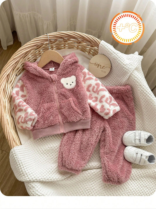 2pcs Baby Girls' Fleece Hooded Jacket And Pants Set Multicolor 2