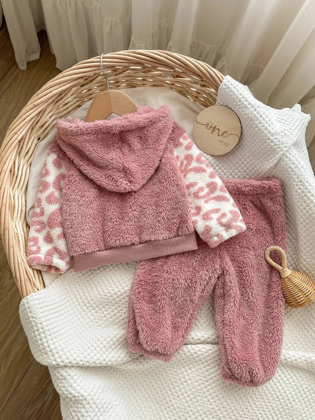 2pcs Baby Girls' Fleece Hooded Jacket And Pants Set