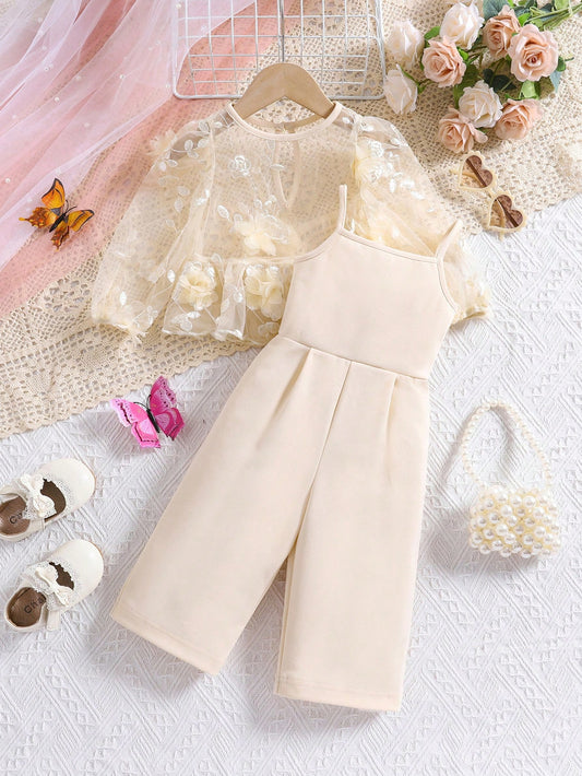 Floral Patched Contrast Mesh Long Sleeve Top Elastic Waist Solid Jumpsuit Set