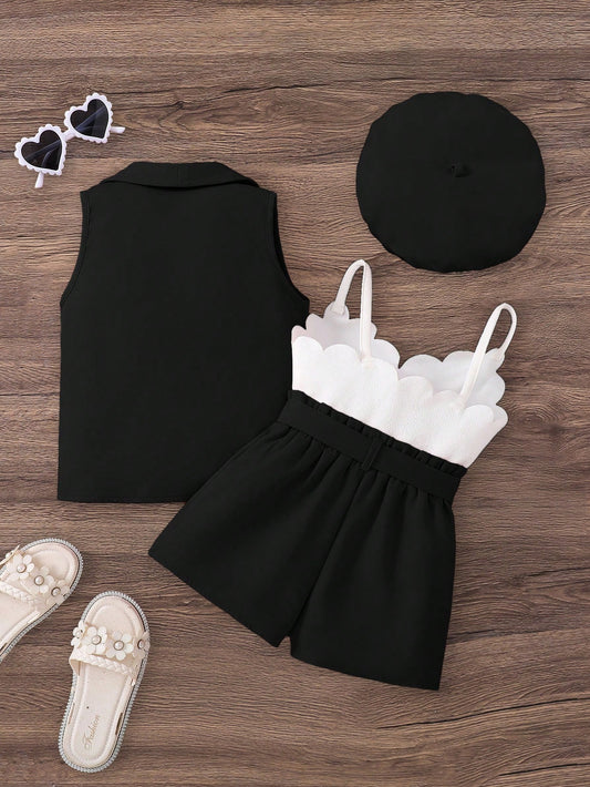 Baby Girl Knitted Solid Color Cardigan Top And Knit Overall Pants Set With Hat