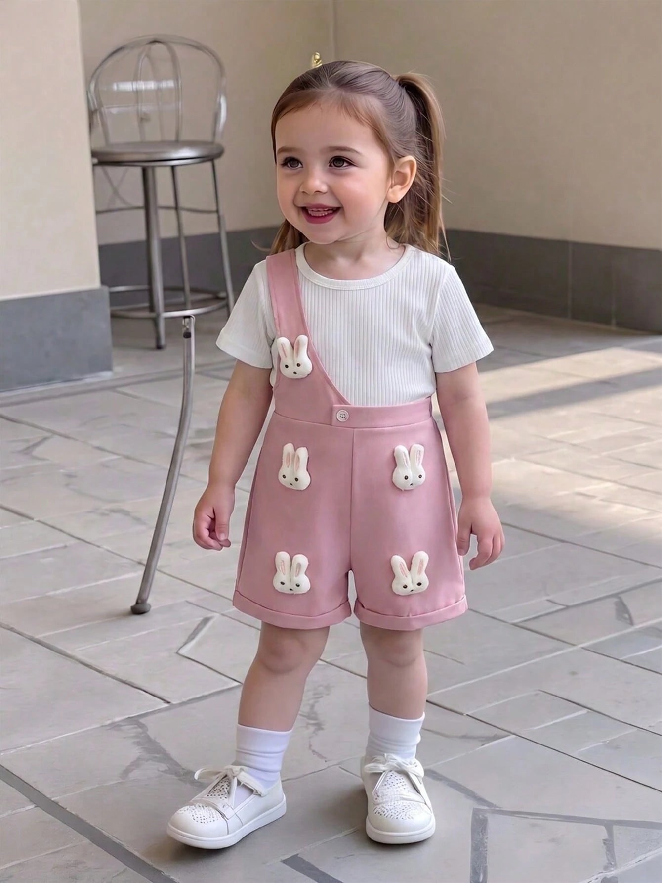 2pcs Baby Girl Knit Ribbed T-Shirt & 3D Rabbit Decor Shorts Set