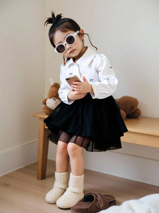 Butterfly Print Shirt And Black Pleated Skirt Set