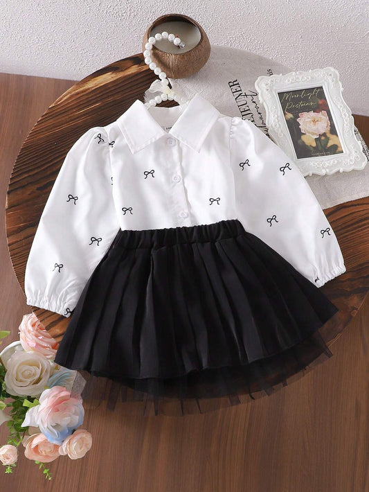 Butterfly Print Shirt And Black Pleated Skirt Set