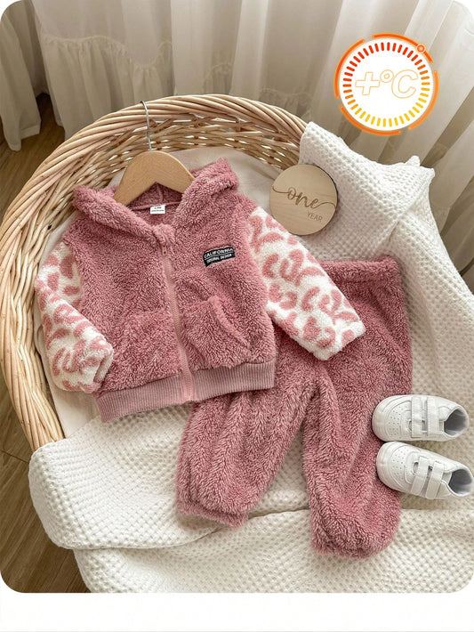 2pcs Baby Girls' Fleece Hooded Jacket And Pants Set Multicolor