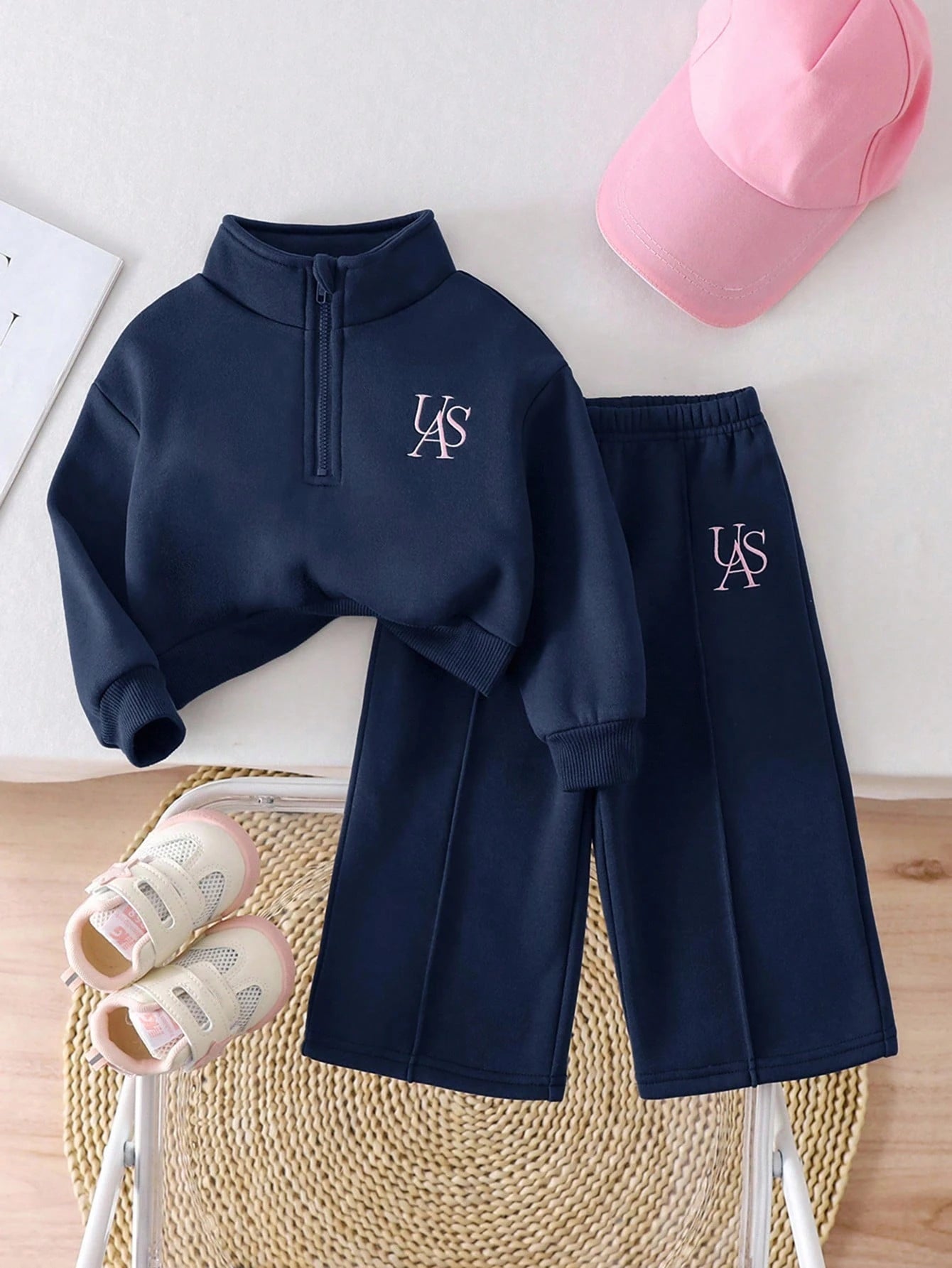 Baby Girls Graphic Thermal Lined Warm Sweatshirt And Pants Navy Blue