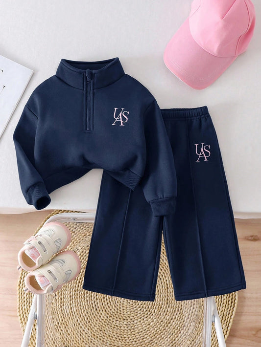 Baby Girls Graphic Thermal Lined Warm Sweatshirt And Pants Navy Blue