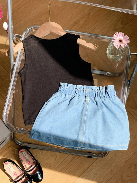 Daisy Flower Embroidered Tank Top And Denim Skirt Set