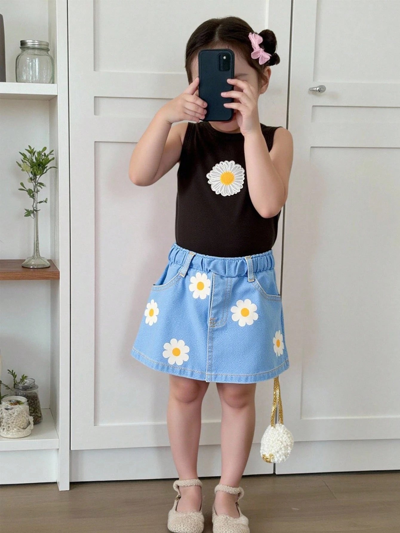 Daisy Flower Embroidered Tank Top And Denim Skirt Set
