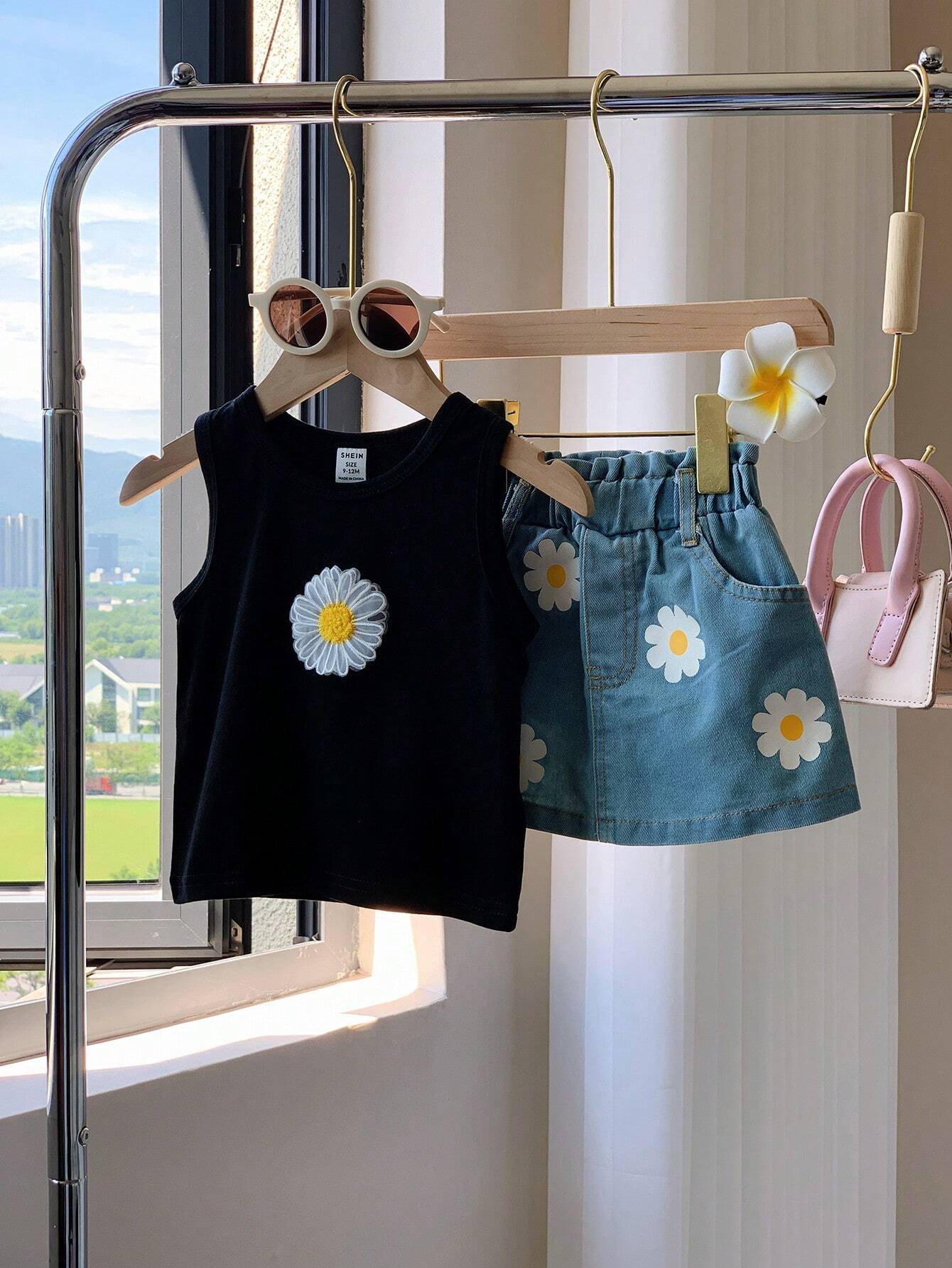 Daisy Flower Embroidered Tank Top And Denim Skirt Set