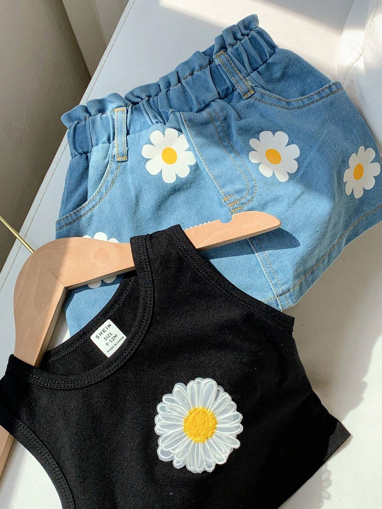 Daisy Flower Embroidered Tank Top And Denim Skirt Set