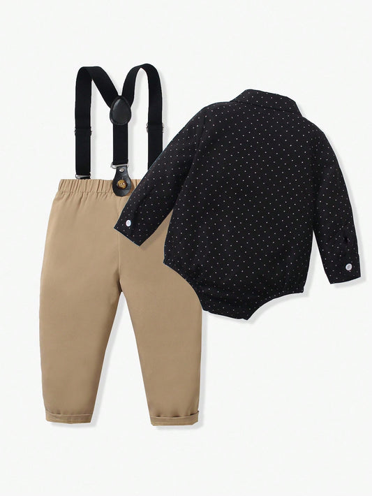Boys Polka Dot Long Sleeve Bow Tie Shirt With Comfortable Bib Pants Gentleman Outfit