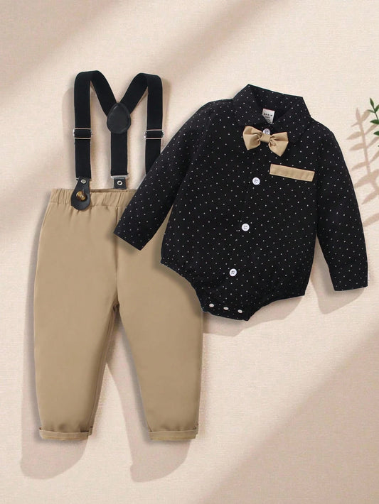 Mummy & Mee Long Sleeve Bow Tie Shirt With Comfortable Bib Pants Gentleman Outfit 6-9M