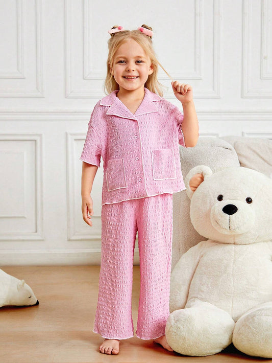 Contrast Trim Pocket Shirt And Pants Pajama Set