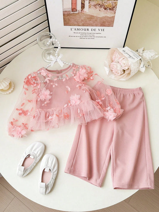2pcs Cute Pink Floral Print Mesh Tank Top And Pants 12-18M