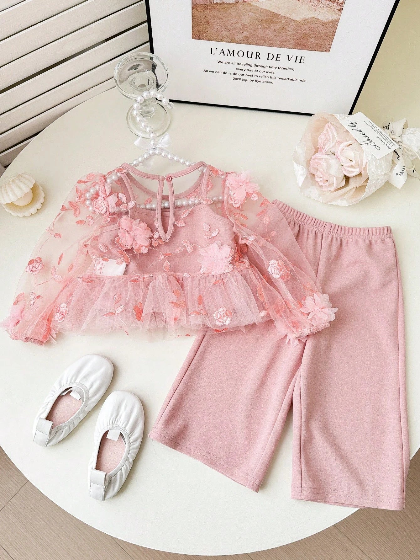 2pcs Cute Pink Floral Print Mesh Tank Top And Pants