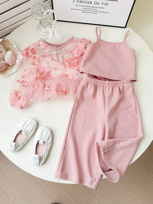 2pcs Cute Pink Floral Print Mesh Tank Top And Pants