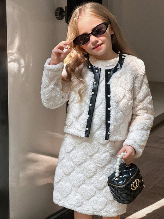 2pcs Girls (Small) Cute White Heart Pattern Furry Sleeveless Jacket Paired With Fashionable Comfortable Furry Dress White