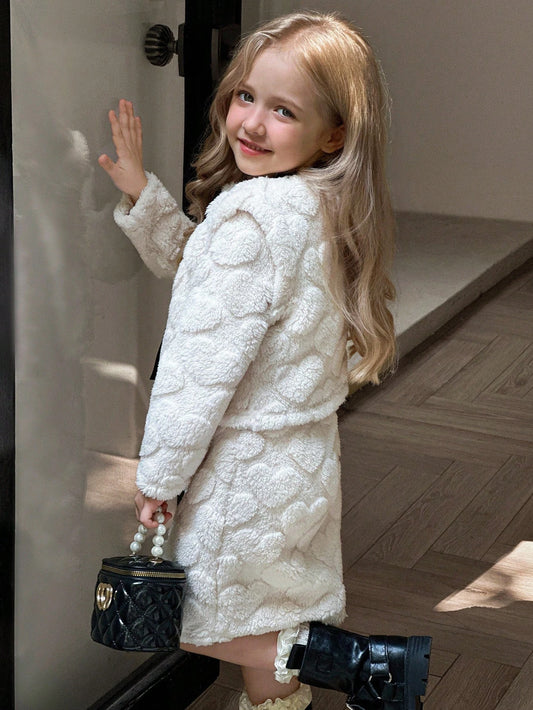2pcs Girls (Small) Cute White Heart Pattern Furry Sleeveless Jacket Paired With Fashionable Comfortable Furry Dress