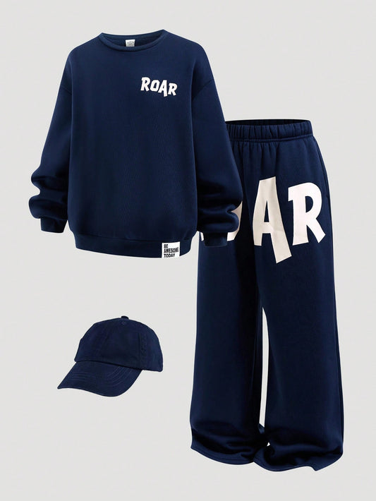 Mummy & Mee Tween Boys Casual Everyday Versatile Comfortable Letter Graphic Print Crew Neck Loose Fit Pullover Sweatshirt And Straight Leg Relaxed Fit Sweatpants Knit Set