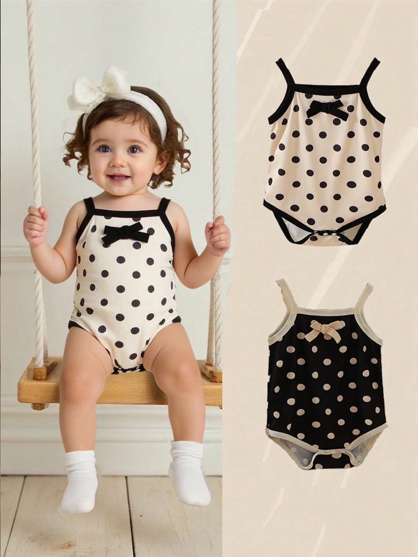 2pcs/Pack Baby Girls' Cute Polka Dot Strap Bodysuit