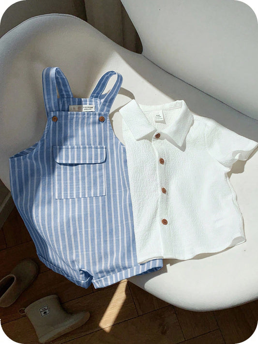 Versatile Cute White Short Sleeve Shirt And Striped Suspender Shorts Romper Set
