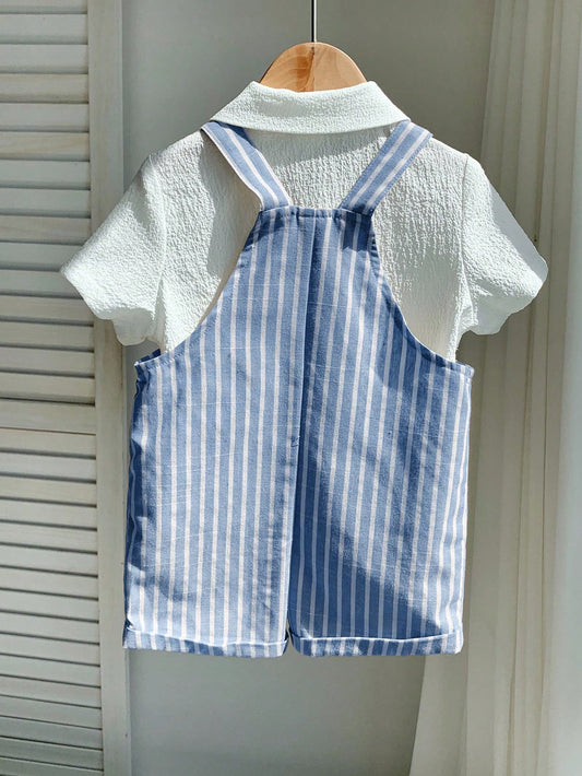 Versatile Cute White Short Sleeve Shirt And Striped Suspender Shorts Romper Set
