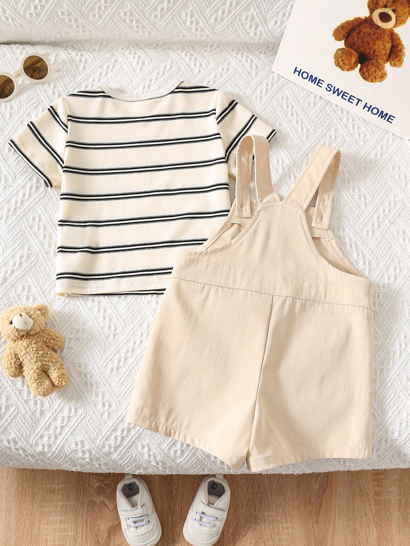 Stripe Print Short Sleeve T-Shirt+Cartoon Bear Strap Shorts Casual Outfit