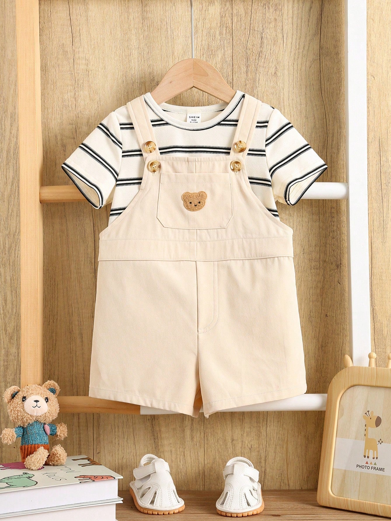 Stripe Print Short Sleeve T-Shirt+Cartoon Bear Strap Shorts Casual Outfit