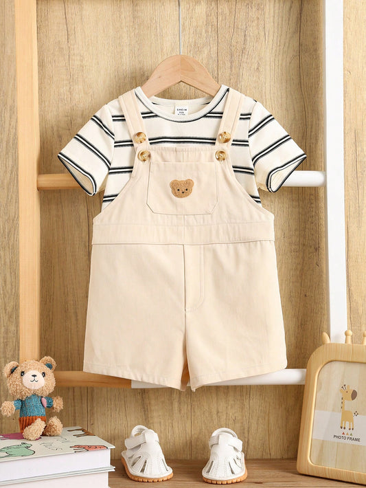 Stripe Print Short Sleeve T-Shirt+Cartoon Bear Strap Shorts Casual Outfit