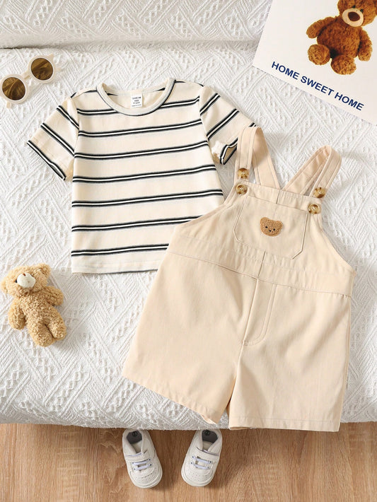 Korean Style Casual Cute Cartoon & Stripe Print Short Sleeve T-Shirt + Cartoon Bear Strap Shorts
