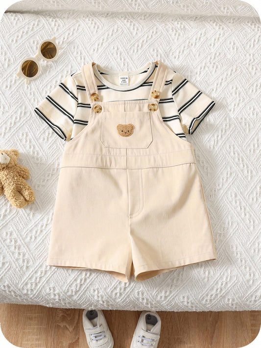 Korean Style Casual Cute Cartoon & Stripe Print Short Sleeve T-Shirt + Cartoon Bear Strap Shorts