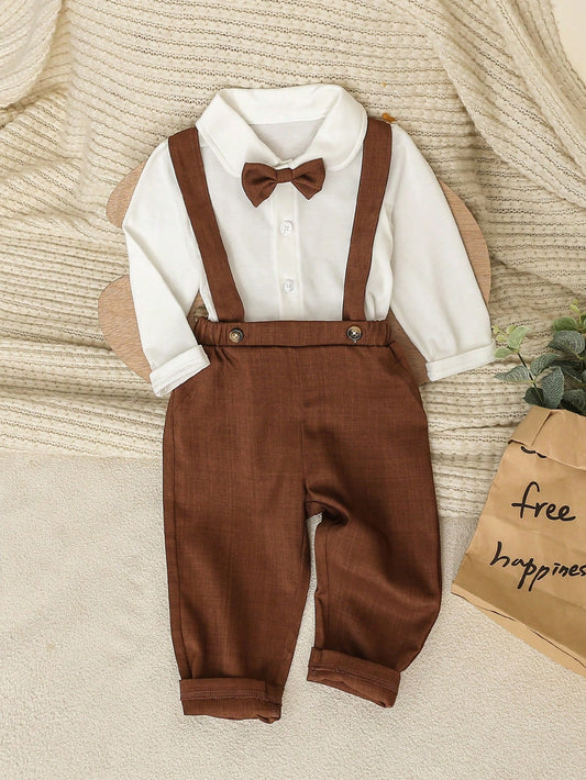 White Shirt With Bowknot & Suspender Pants Set