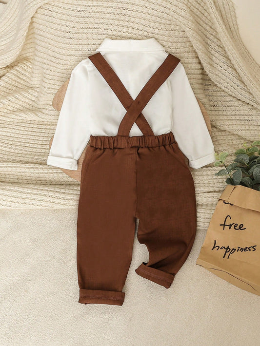 White Shirt With Bowknot & Suspender Pants Set