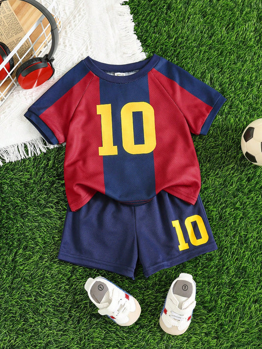 Baby Boys Sports Style Red & Blue Striped Jersey Top And Shorts Set