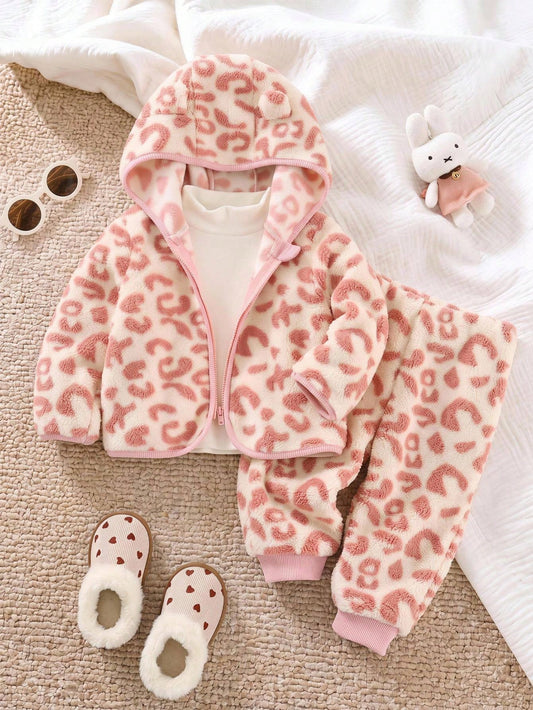 Cute Leopard Print Hooded Jacket & Pants Set, Jacket Set