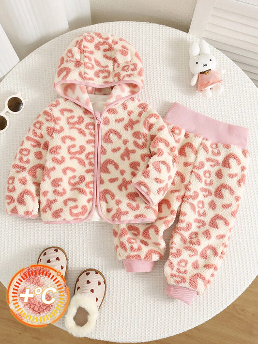 Cute Leopard Print Hooded Jacket & Pants Set, Jacket Set