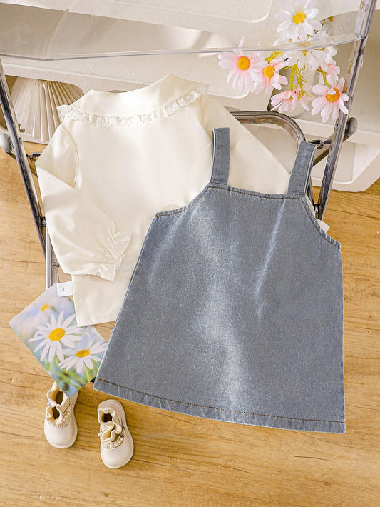 Baby Girl Sweet Cute Casual Fashion Peter Pan Collar Blouse And Daisy Print Denim Suspender Skirt