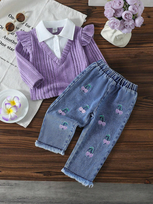 Mummy & Mee Set Baby Girls Faux 2 Pieces Outfit - White Shirt Top With Red Gingham Check Textured Fabric, Paired With Denim Jeans Featuring Strawberry Embroidery And Fringe Cuffs.