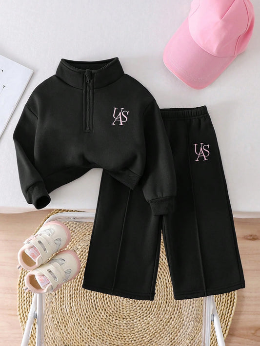 Baby Girls Graphic Thermal Lined Warm Sweatshirt And Pants Black