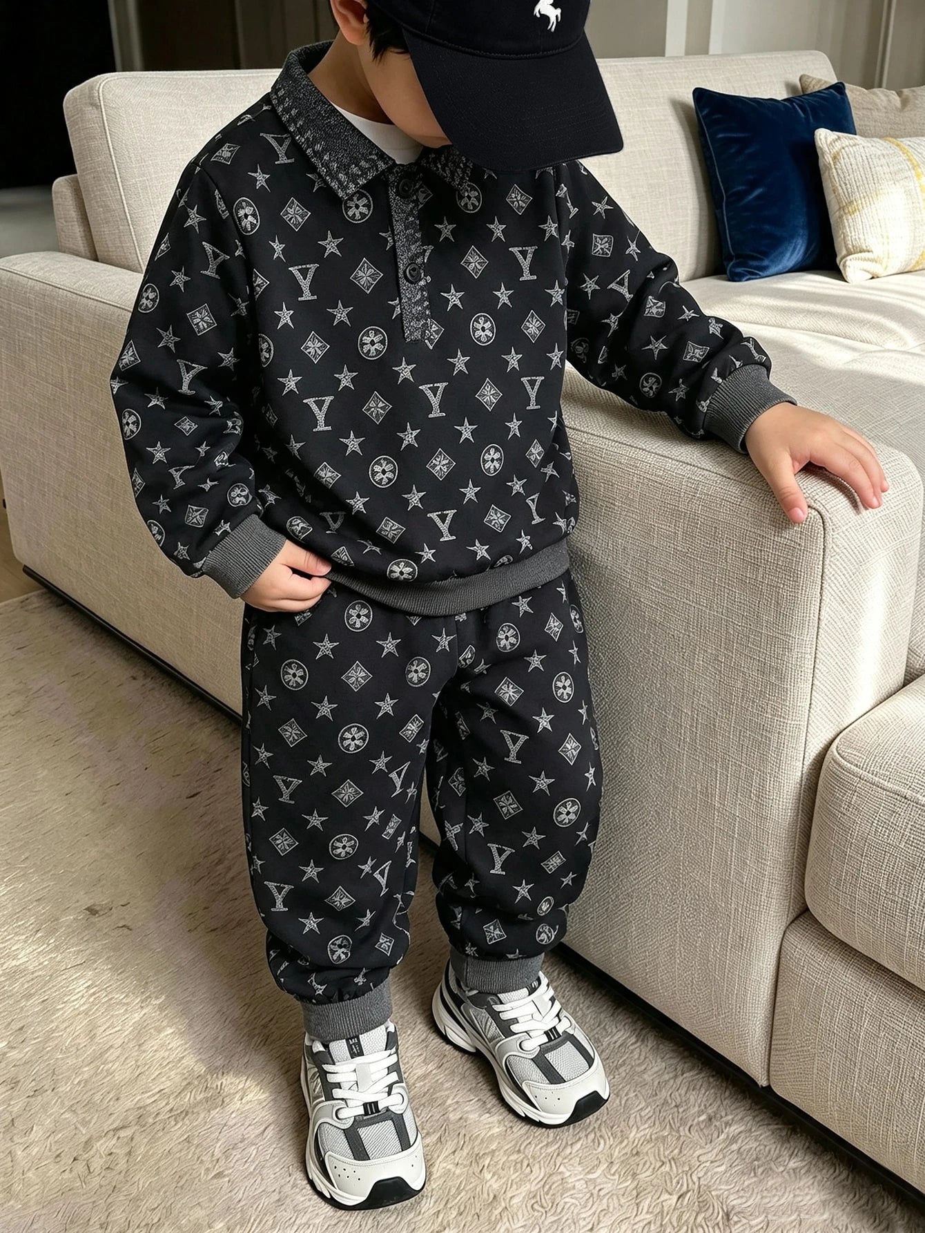 Printed Fabric Half-Zip Polo Collar Sweatshirt And Sports Sweatpants Set